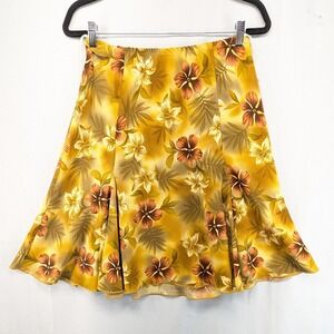 Vintage Hawaiian Floral Print Midi Skirt Yellow Brown Women's Size 8